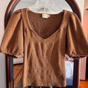 Nation LTD Brown Smocked Puff-Sleeve Crop Top